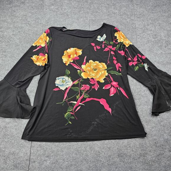 Susan Graver Shirt Womens XL Black Floral Bell Sleeve Liquid Knit Going Out - Picture 9 of 9